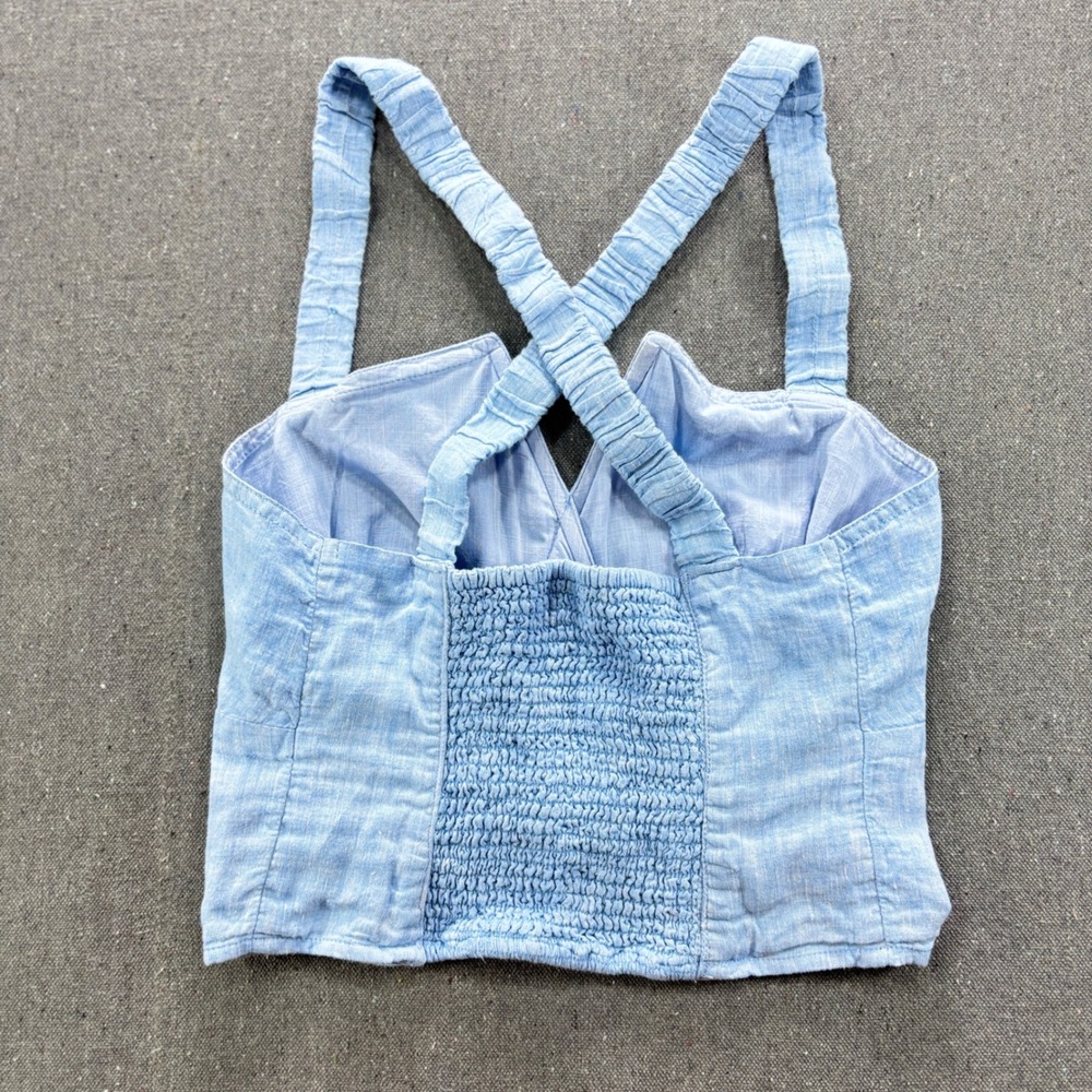 Anthropologie Light Blue Linen Blend Criss Cross Back Crop Top Smocked Back - Picture 2 of 7
